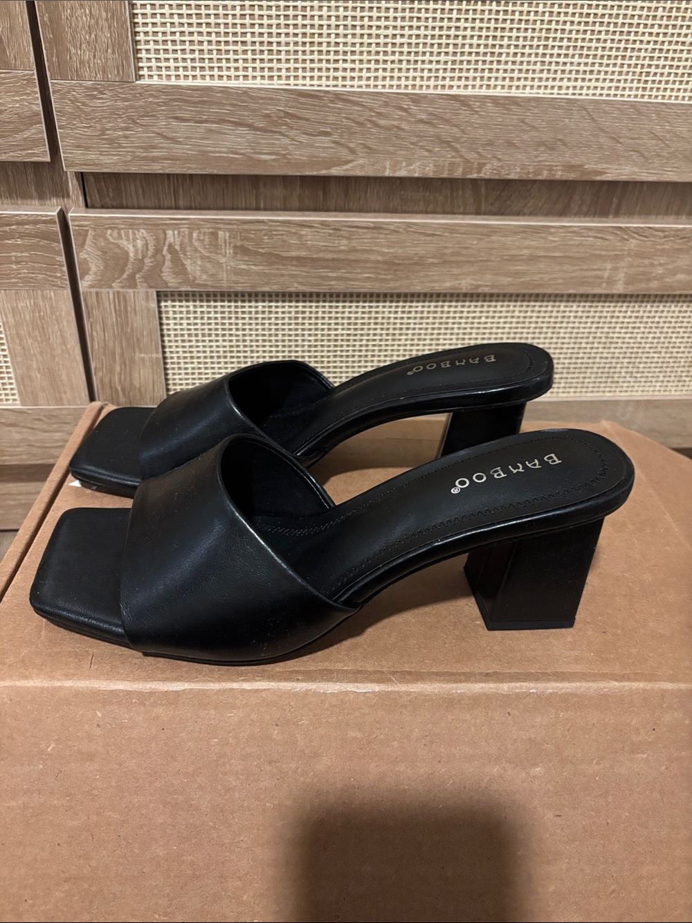 BAMBOO Black Square Toe Block Heel Mules
